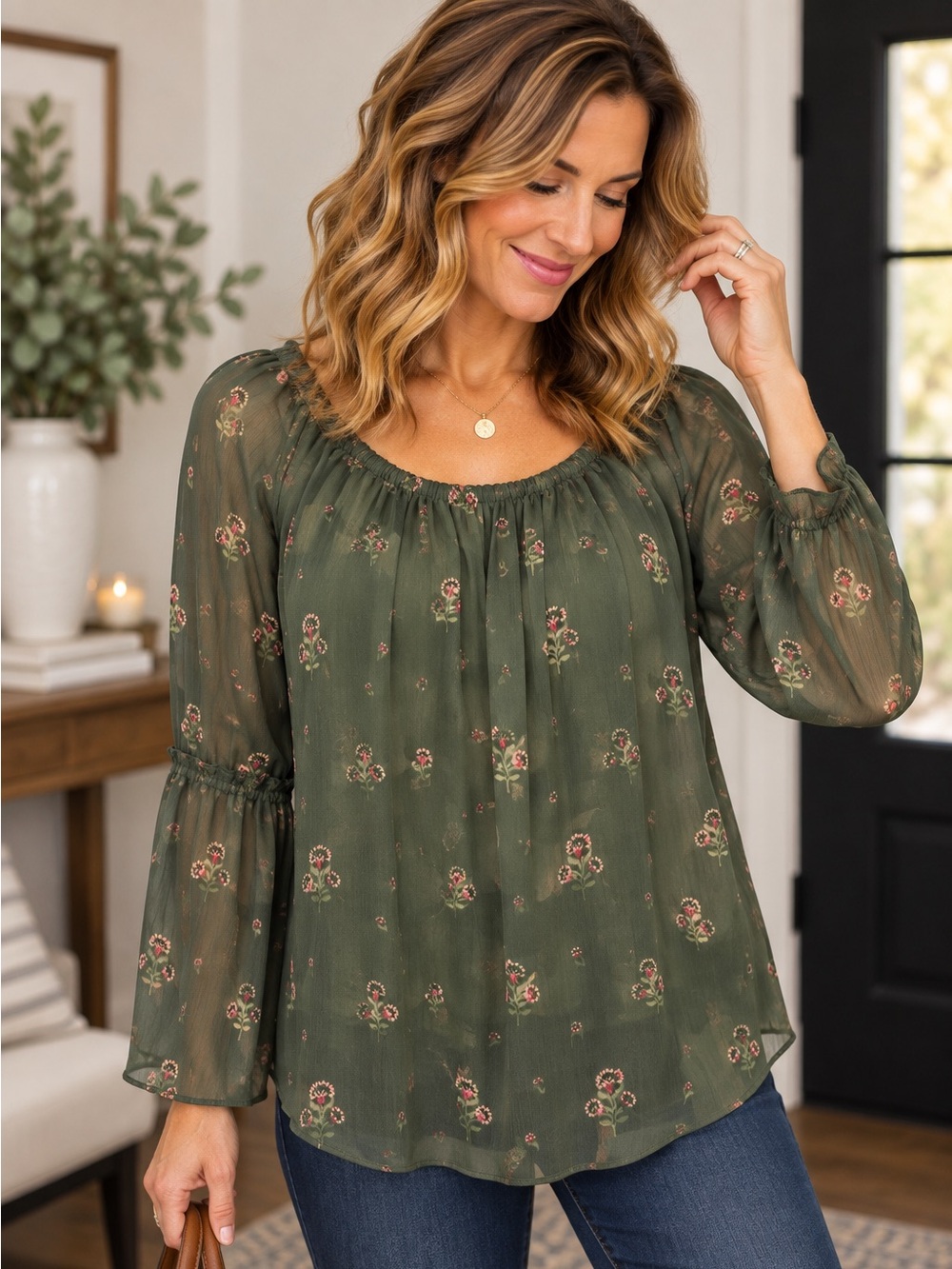 White House Black Market Olive Green Floral Peasant Blouse